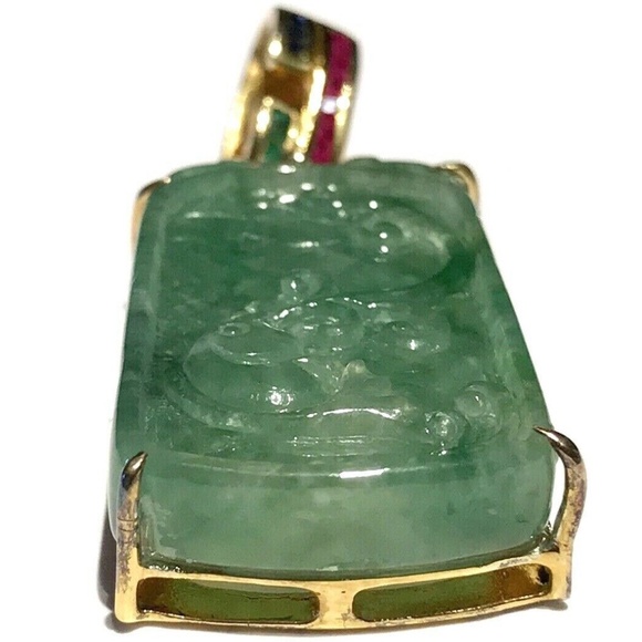 Vtg Signed Gilt 925 Sterling Carved Fish Jade Pendant Emerald Sapphire Ruby - Picture 6 of 12